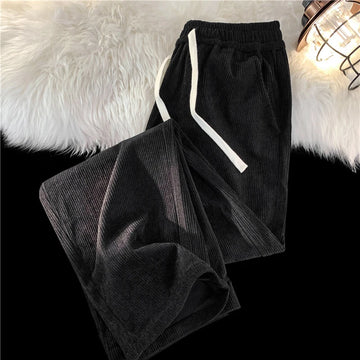 Spring Men's Corduroy Casual Pants Baggy Straight Black Elastic Waist Korean Fashion Streetwear Ankle Wide Leg Sweatpants